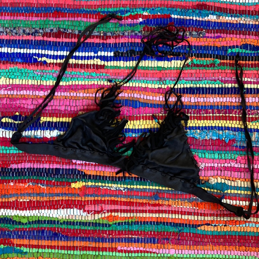 Vintage All Leather & Handmade in LA — Dark Brown Fringe Bralette Top w/ Beads